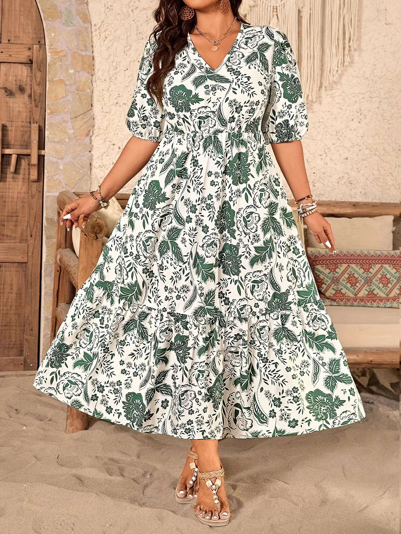 

Новинка 2025, женское свободное платье больших размеров в богемном тропическом стиле с V-образным вырезом и пышными рукавами, с высокой талией, летнее платье