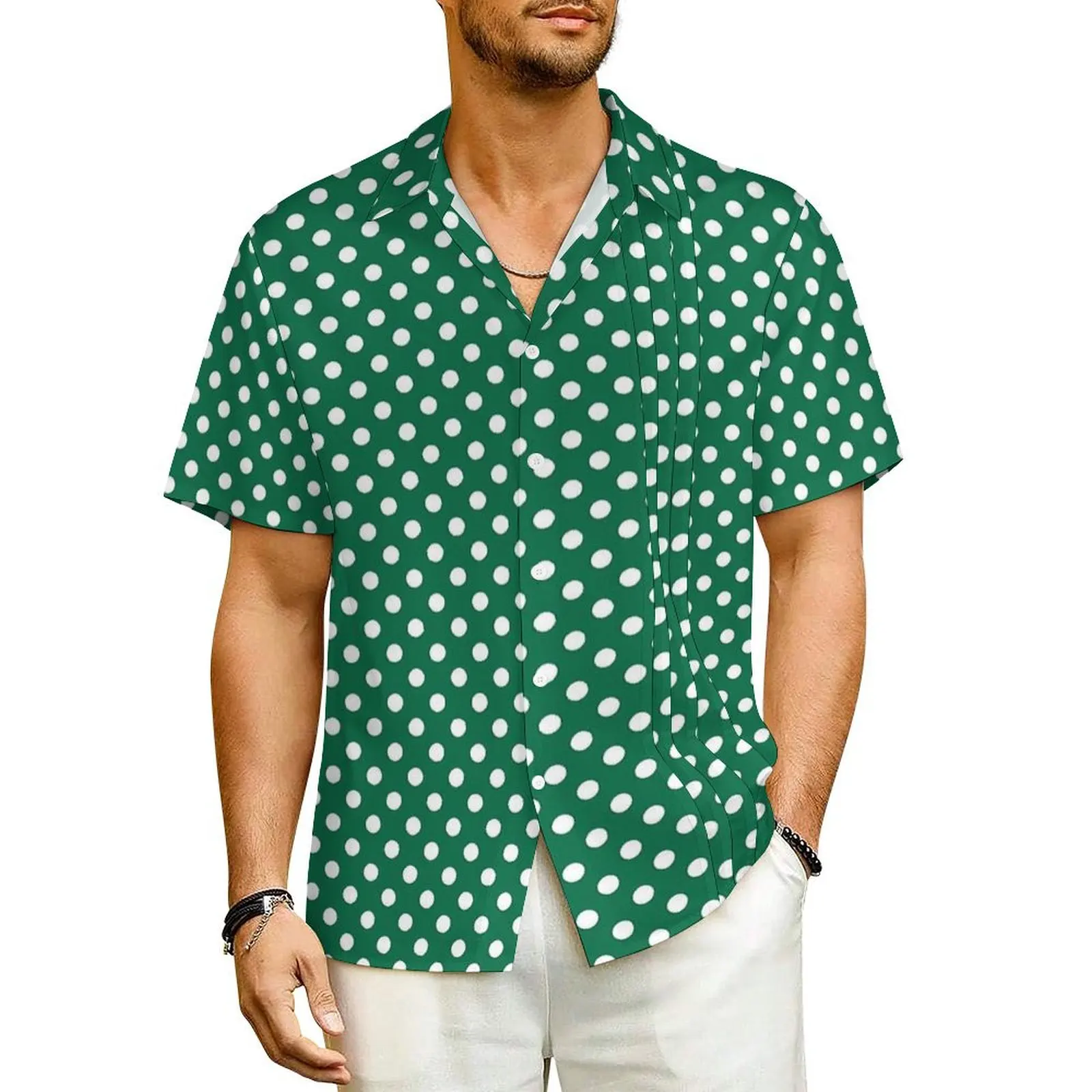 

Green Polka Dot Vacation Shirt Men Vintage Print Vintage Casual Shirts Hawaiian Short-Sleeved Stylish Oversize Blouses Gift