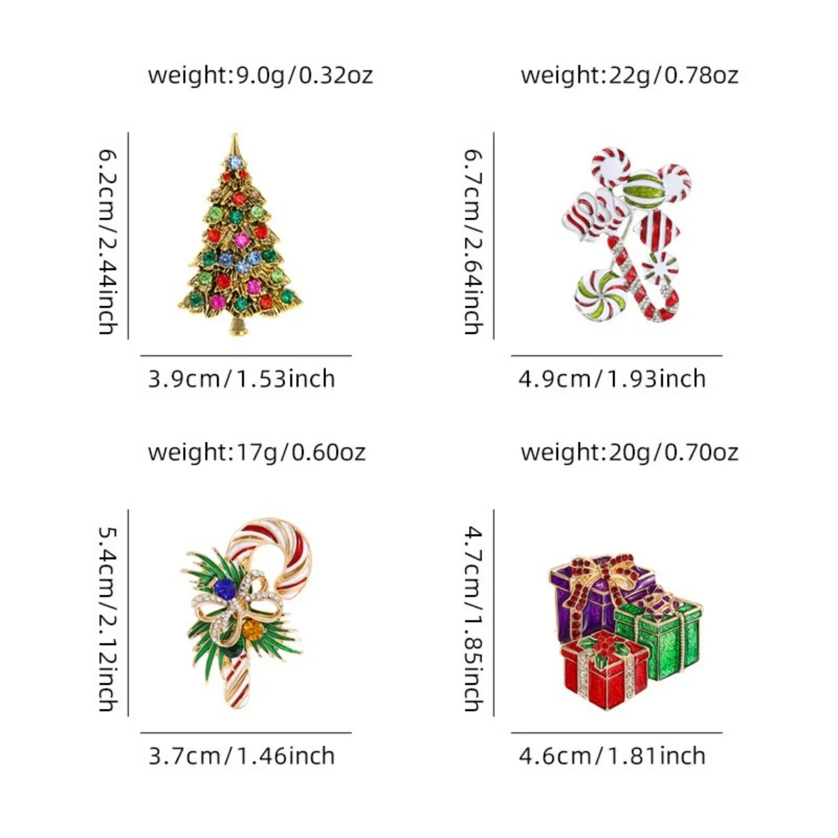 Weihnachts-Brosche mit Strass-Schleife und Zuckerstangen-Motiv für Damen und Herren, Emaille-Weihnachtsbaum, Gehstock, Geschenkbox-Brosche, Weihnachtsgeschenk, Schmuck – Detail 3