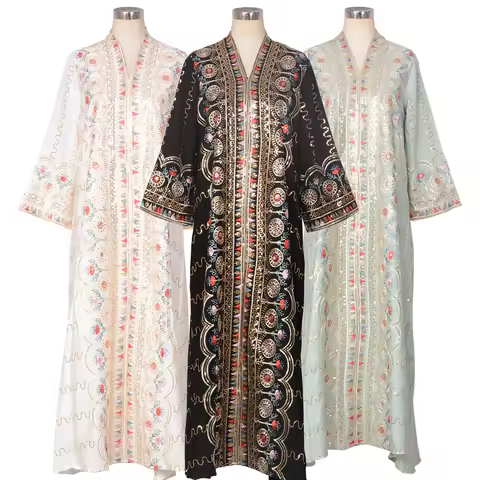 Ramadan Eid Regular-Fit Moroccan Kaftan Dress Women Abaya-Sequins &amp; Thread Embroidery, V Neck. Evening Party Dubai Muslim Dress