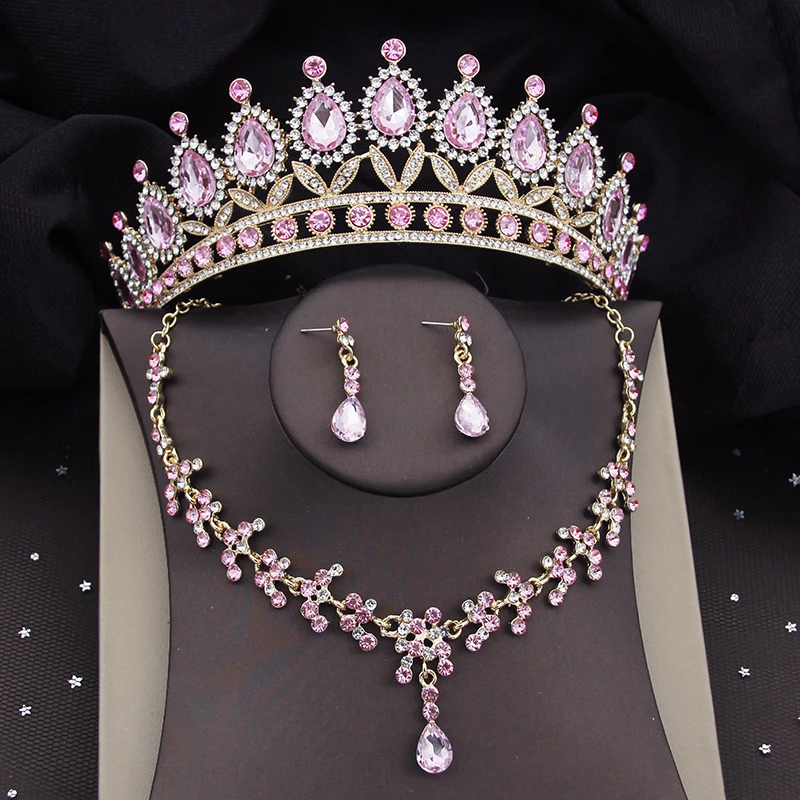 Quality Gold Color Pink Bridal Jewelry Sets for Wedding Dress Tiaras Crown Earrings Bride Necklace Set Costume Accessories