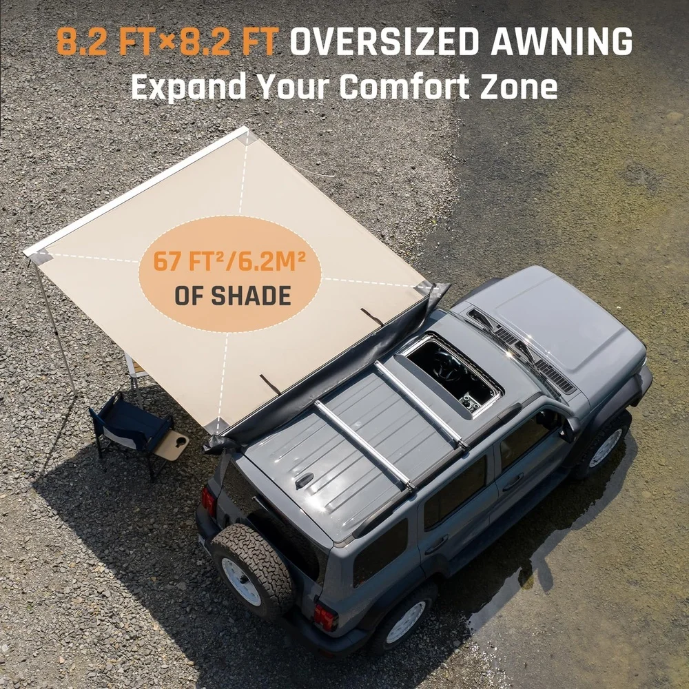 Vehicle Awning 8.2'×8.2' Roof Rack Pull Out Sun Shade UPF 50+