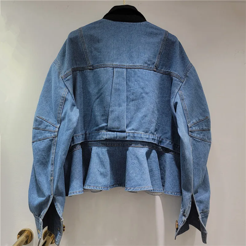 ANJY Spring Autumn New Women Chic Three-dimensional Flower Embroidered Flares Design Contrast Color Patchwork Denim Jacket A7762