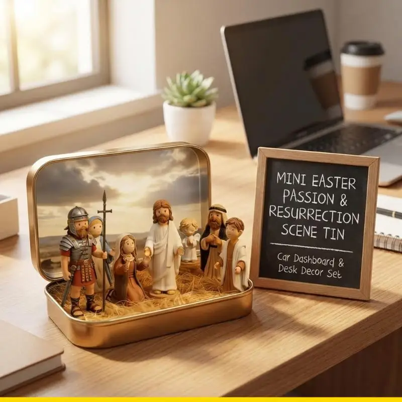 SZCH Gift Set With Mini Figurines Environmentally Easter Classical Scene for Seasonal Home Styling In a Tin Box