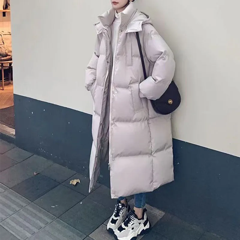 Winter Women Streetwear Thermal Solid Coat New Midi Parkas Loose Hoodies Long Sleeve Oversize Young Style All-match Down Jacket