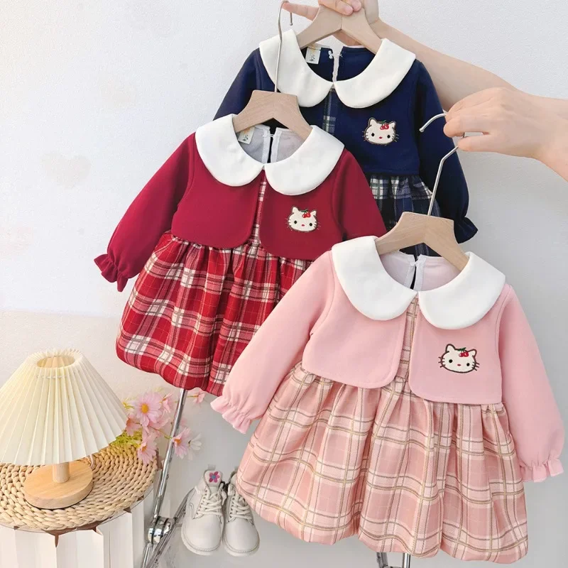 

Платье для маленьких девочек, платья принцессы для младенцев и малышей, искусственное вечернее платье из двух частей с длинными рукавами, милое платье с вышивкой маленького кота, клетчатое платье