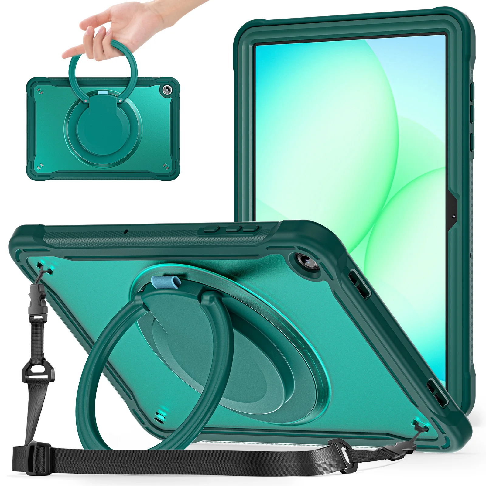 

For Samsung Galaxy Tab A11+ Case Rotary Kickstand PC + TPU + Silicone Cover with Shoulder Strap - Midnight Green