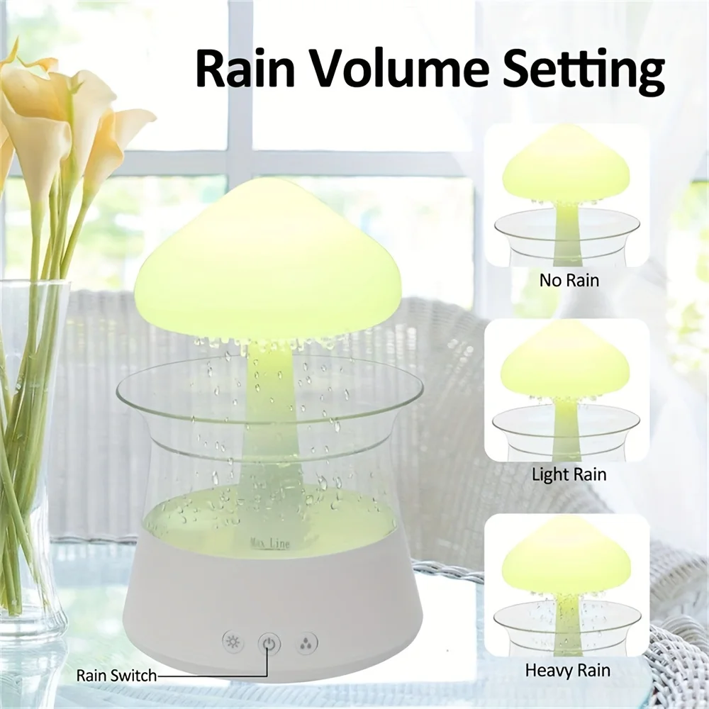 7-Colour Variable Cloud and Rain Humidifier with Remote Control - Vaporizer Humidification, Water Drop, Waterfall Light, Mushroo