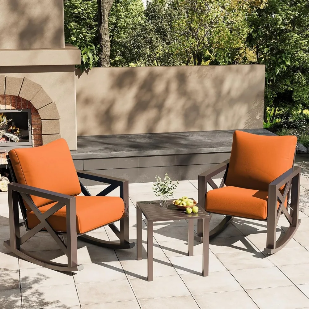 Rocking Chair Outdoor Set 2 with Coffee Table, 3 Piece Metal Rocking Bistro Set with 6.5" Water-Resistant Cushions, Oversized,