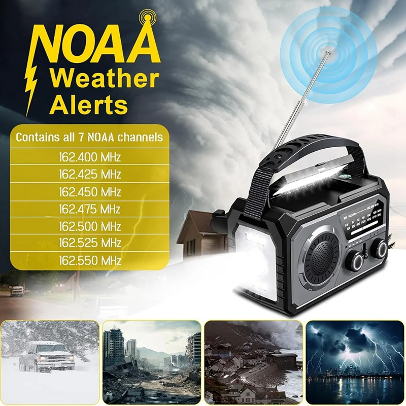 H21 วิทยุฉุกเฉินบลูทูธ 5.3 Hand Crank วิทยุสภาพอากาศ, NOAA/AM/FM พลังงานแสงอาทิตย์วิทยุ SOS Alert ไฟฉาย 16000 Mah