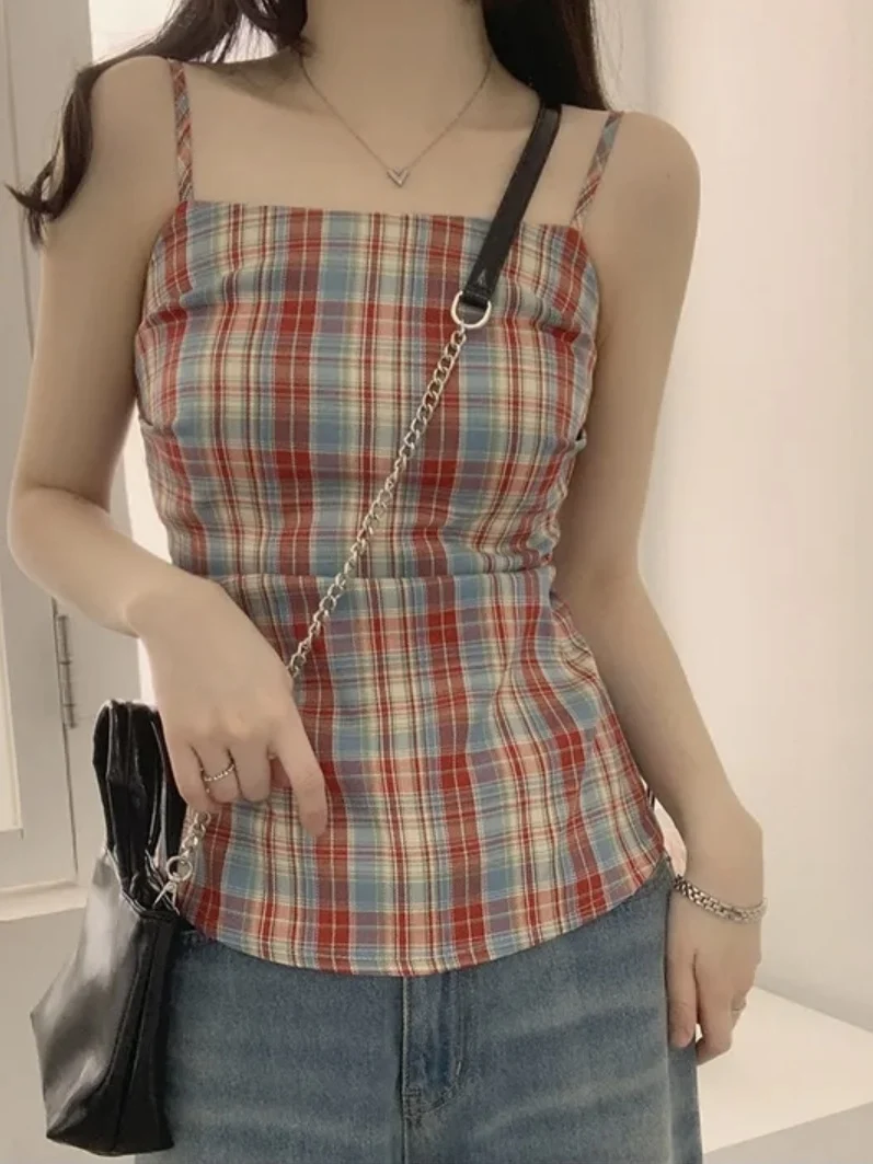 Top curto xadrez vermelho com alças, feminino, verão, uso ao ar livre, design exclusivo, picante, svel, colete moderno