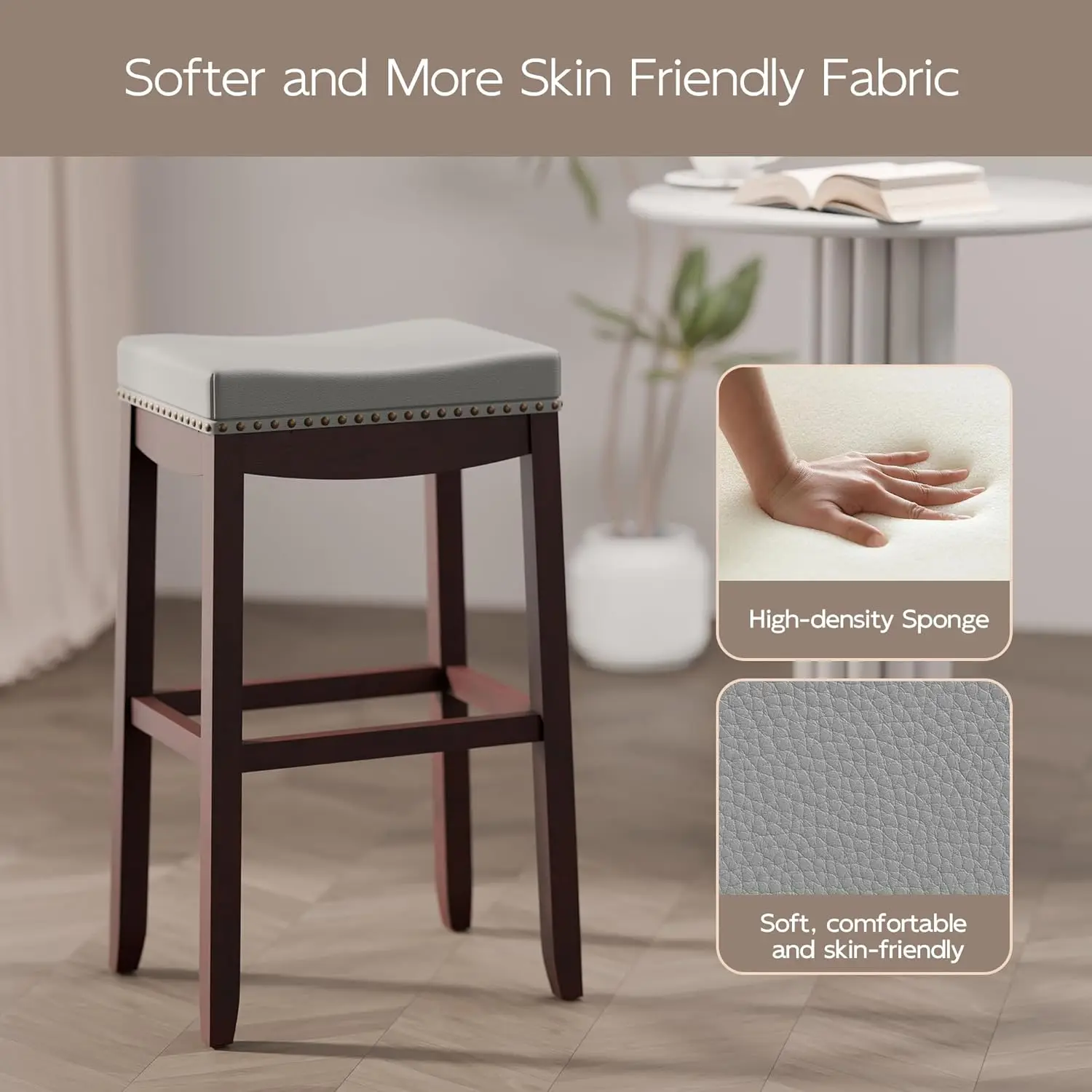 Bar Height Backless Saddle Barstools, Set of 2 - Upholstered, with Rivet Detail and Solid Wood Legs - Counter Height Bar Stools