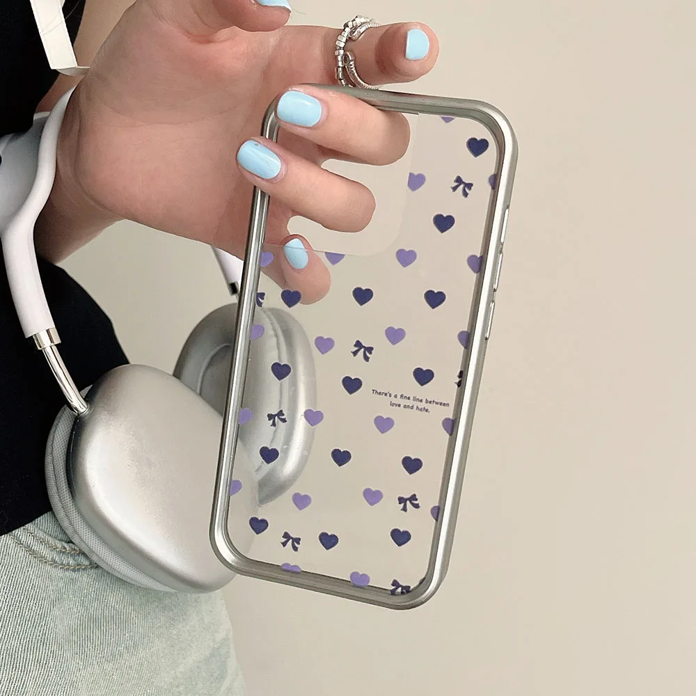 Чехол с бантом Love Heart для iPhone 15 Pro Max 14 13 12 Pro Max, гальваническая серебристая рамка, защитный чехол для телефона, мягкие прозрачные чехлы
