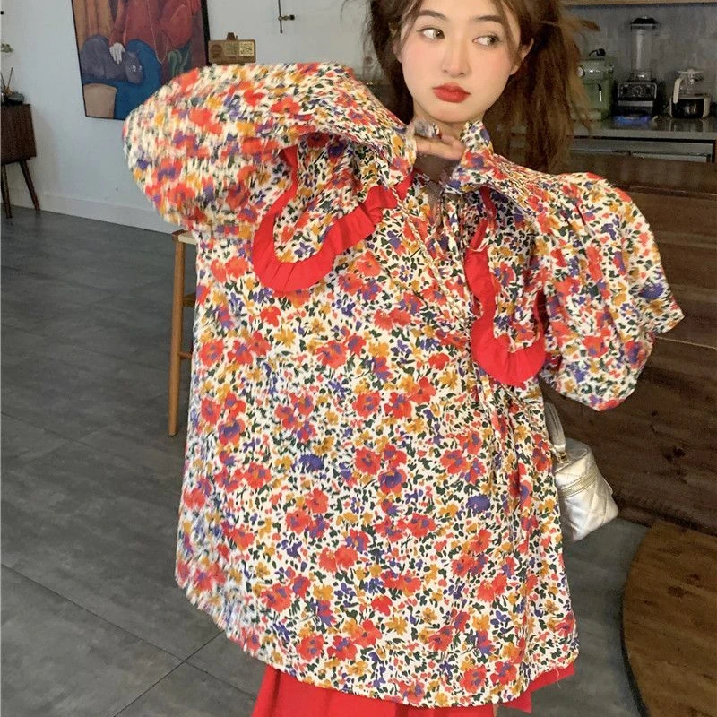 OCEANLOVE Print Floral Women Shirts&blouses Peter Pan Collar Sweet Kawaii Blusas Mujer Spring Autumn Korean Ruffles Camisas