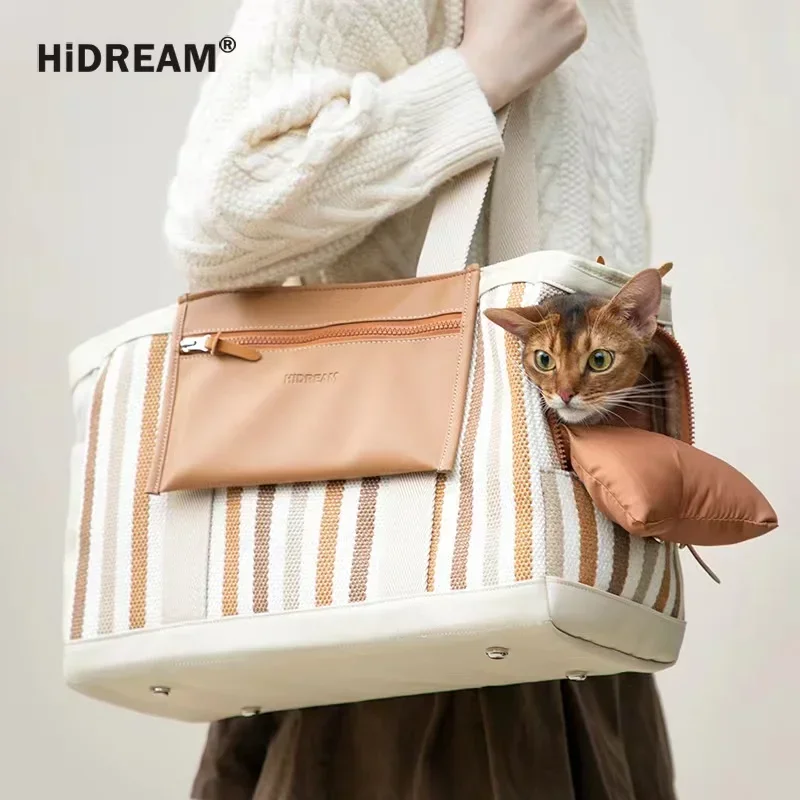 HiDREAM®Striped Shoulder Bag for Cat, Travel Bag, Breathable, Portable, Canvas, Small Dog, Pet, Original Design