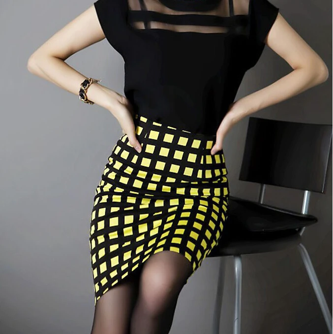 Plaid bag hip skirt large size S-3XL casual skirt ladies temperament high waist stretch pencil skirt office