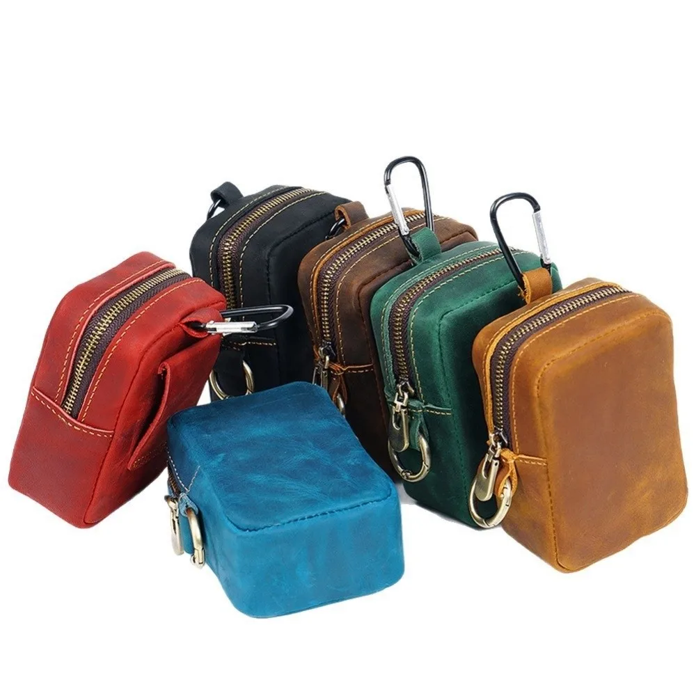 Portable Mini Leather Waist Pack Solid Color Waterproof Belt Waist Bag Hook Design Zipper Key Holder Keychain Pouch Travel