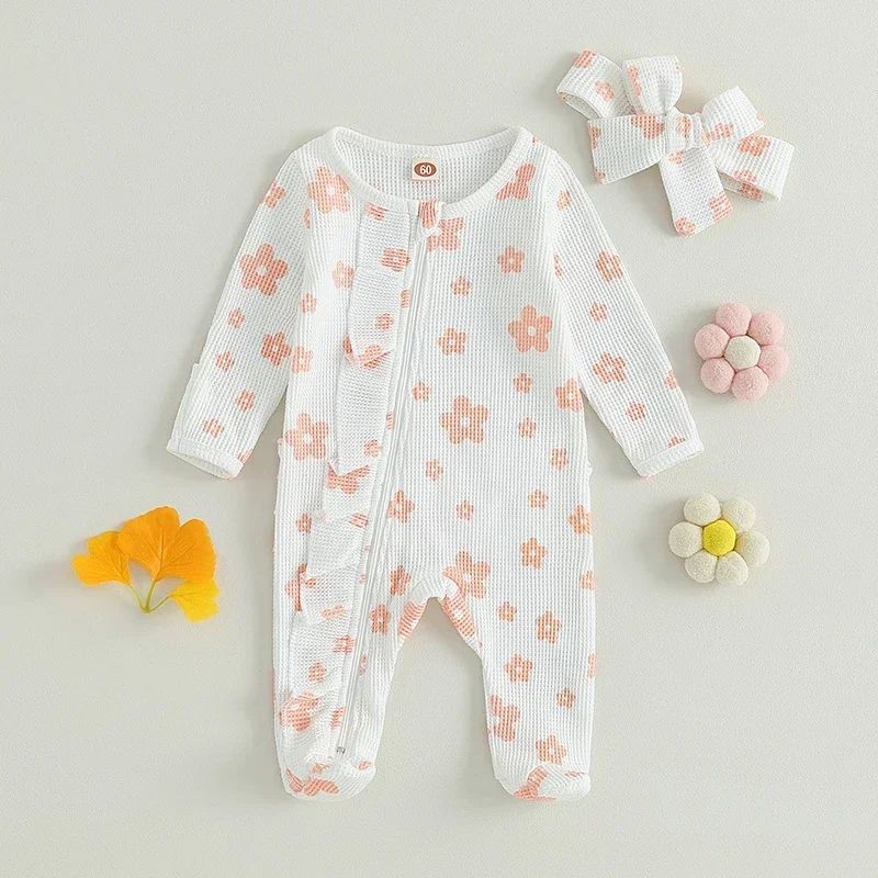 

Long Sleeve Front Zipper Closure Romper Headband Kids Clothes Princess Infant Baby Girls Footed Jumpsuit Cartoon Ruffle Floral