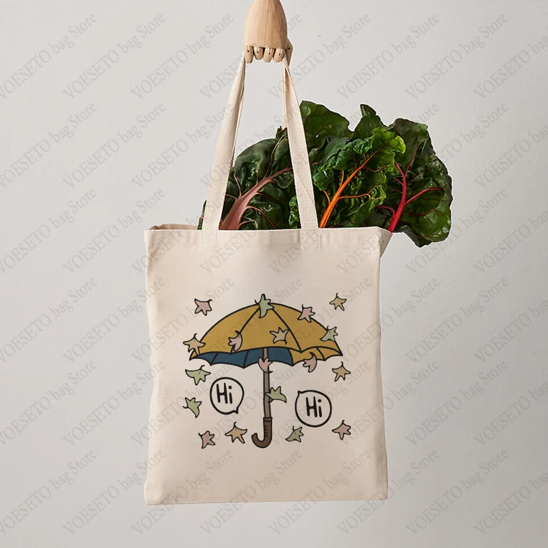 Cute Umbrella Pattern Canvas Tote Bag Maple Leaf Graphics Xmas Best Gift Women's Reusable Shopping Bags Trendy Large Beach Bag