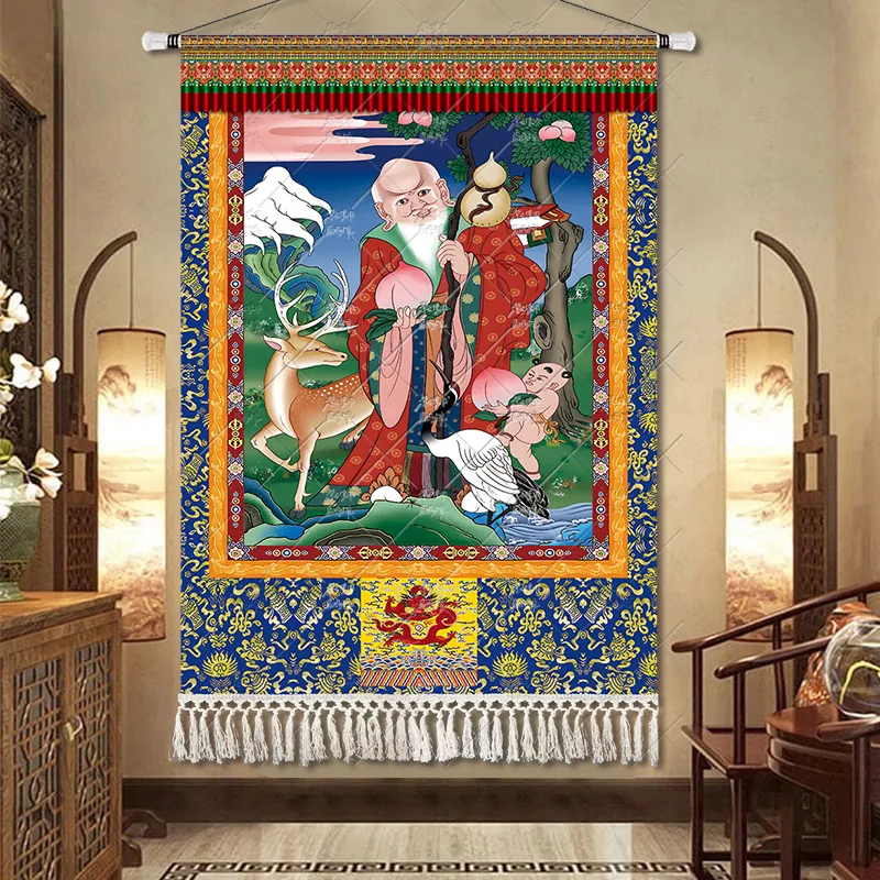 Traditional Tibetan Thangka Black Wealth‑God Fabric Wall Hanging Cloth Ethnic‑Art Tapestry for Indoor Background Ornament