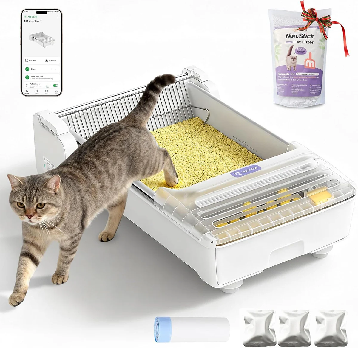 Robotail UCAT C32 Bac à litière auto-nettoyant ouvert, très grand modèle automatique pour plusieurs chats, avec capteurs de sécurité, contrôle par application, anti-odeurs et nettoyage facile