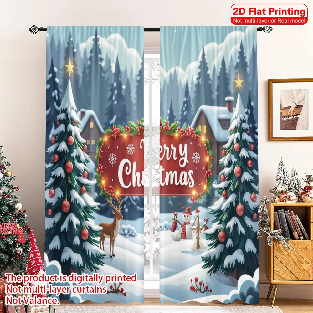 

2pcs 2D flat printing Merry Christmas Popular Curtains Christmas Scene Santa Claus Snow 100% Polyester Without Electricity