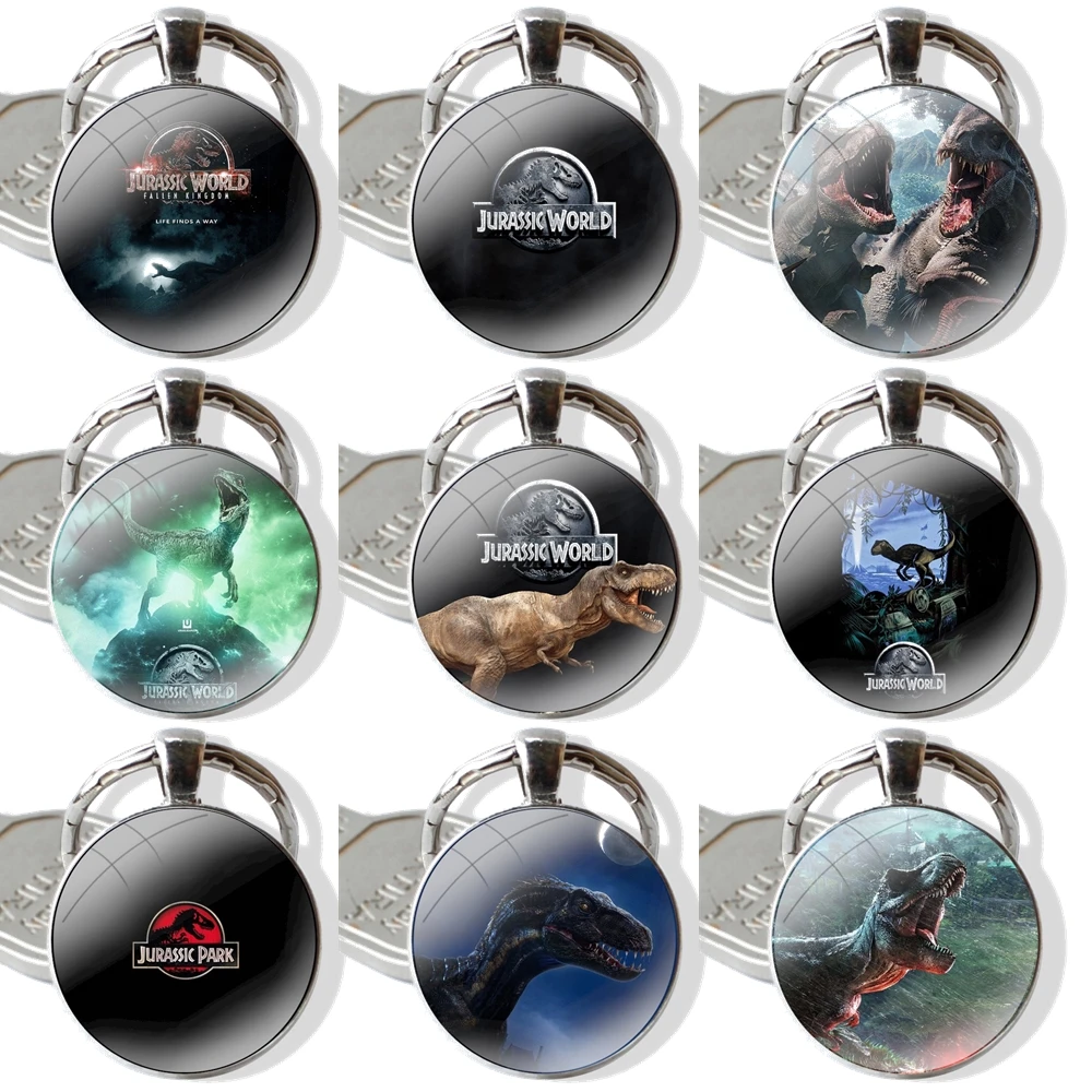 Keychain Handmade Glass Cabochon Key Ring Holder Pendant Key Chains Jurassic Park Dinosaur World