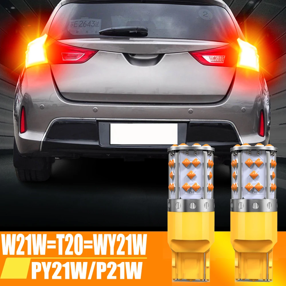 2pcs 3200lm Amber T20 7440 7440NA WY21W 1156 BA15S BAU15S LED Canbus No Hyper Flash Built-in Resistor Turn Signal Light Yellow