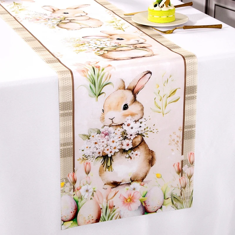 2025 Vintage Easter Table Runner Polyester Bunny Dining Table Cloth Spring Holiday Happy Easter Decoration For Home Party Gifts