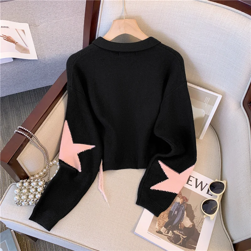 Женский черный вязаный пуловер в готическом стиле, укороченный свитер Harajuku Y2k, свитера с длинными рукавами и круглым вырезом со звездным узором, винтажная эмо-одежда 2000-х годов