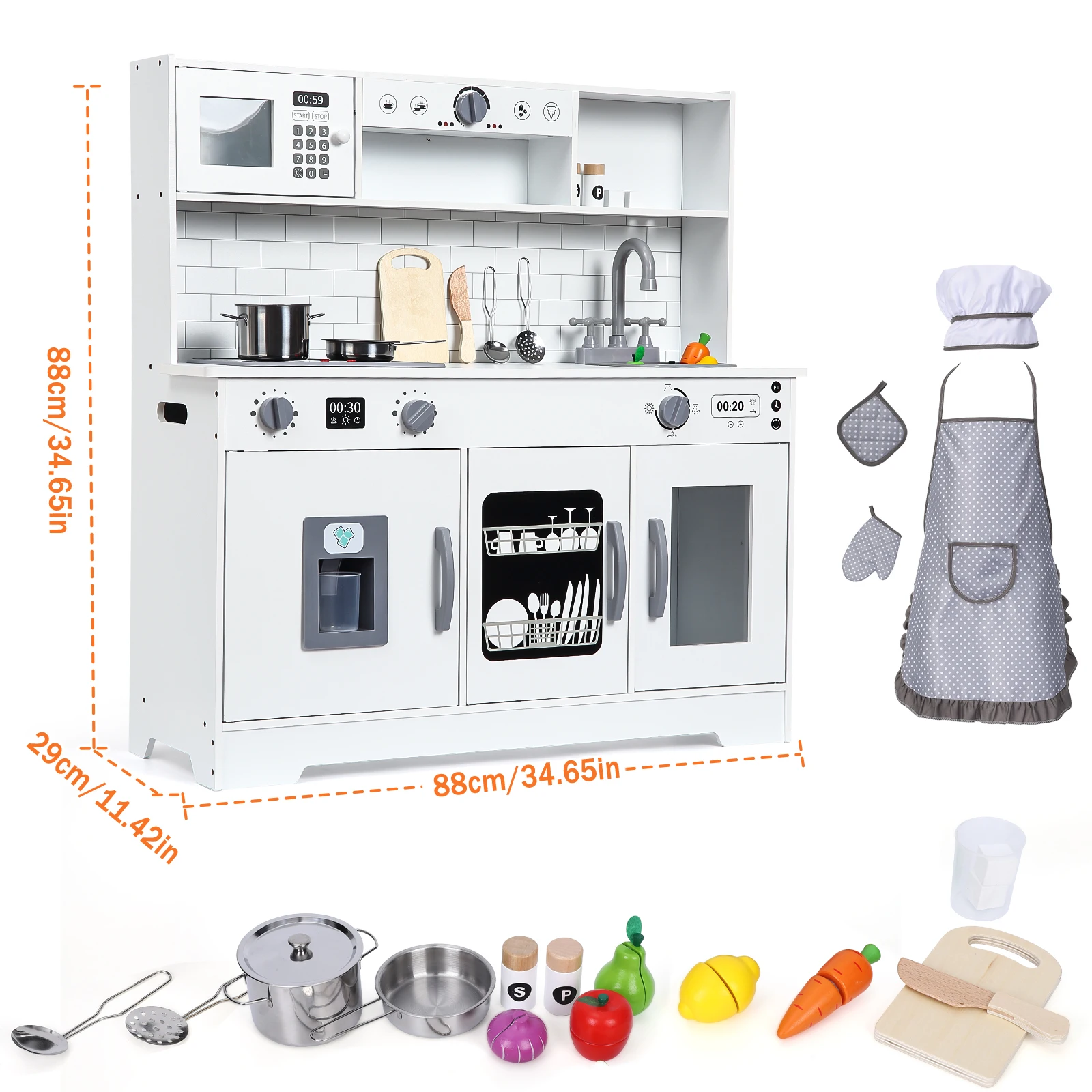 Wooden Play Kitchen Kids Playset with Cookware Accessories, Microwave, Oven, Sink, Real Lights & Sounds for Chef Pretend Play