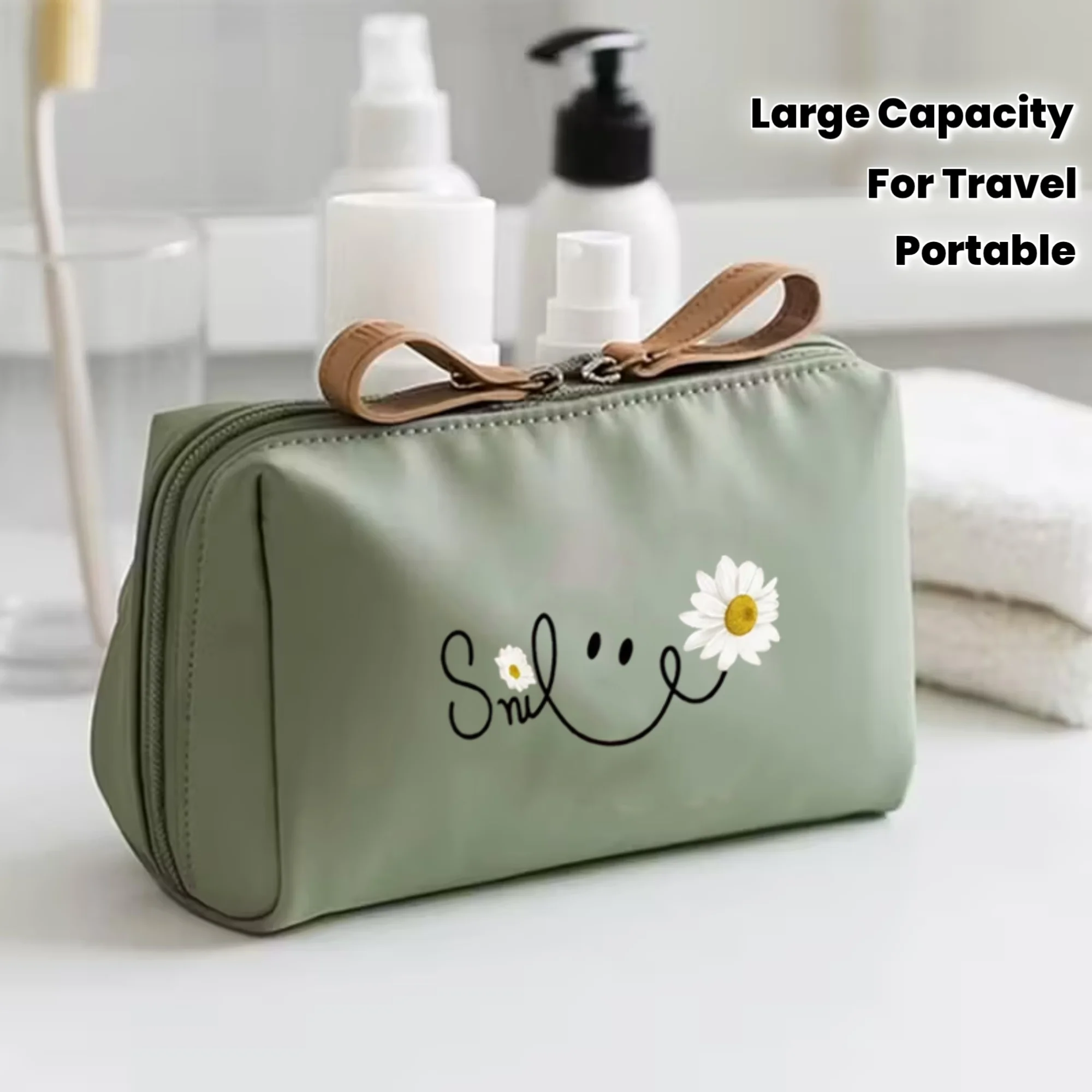 Smiling Daisy Printed Makeup Bag with Large Capacity and Multi functional Toilet Storage