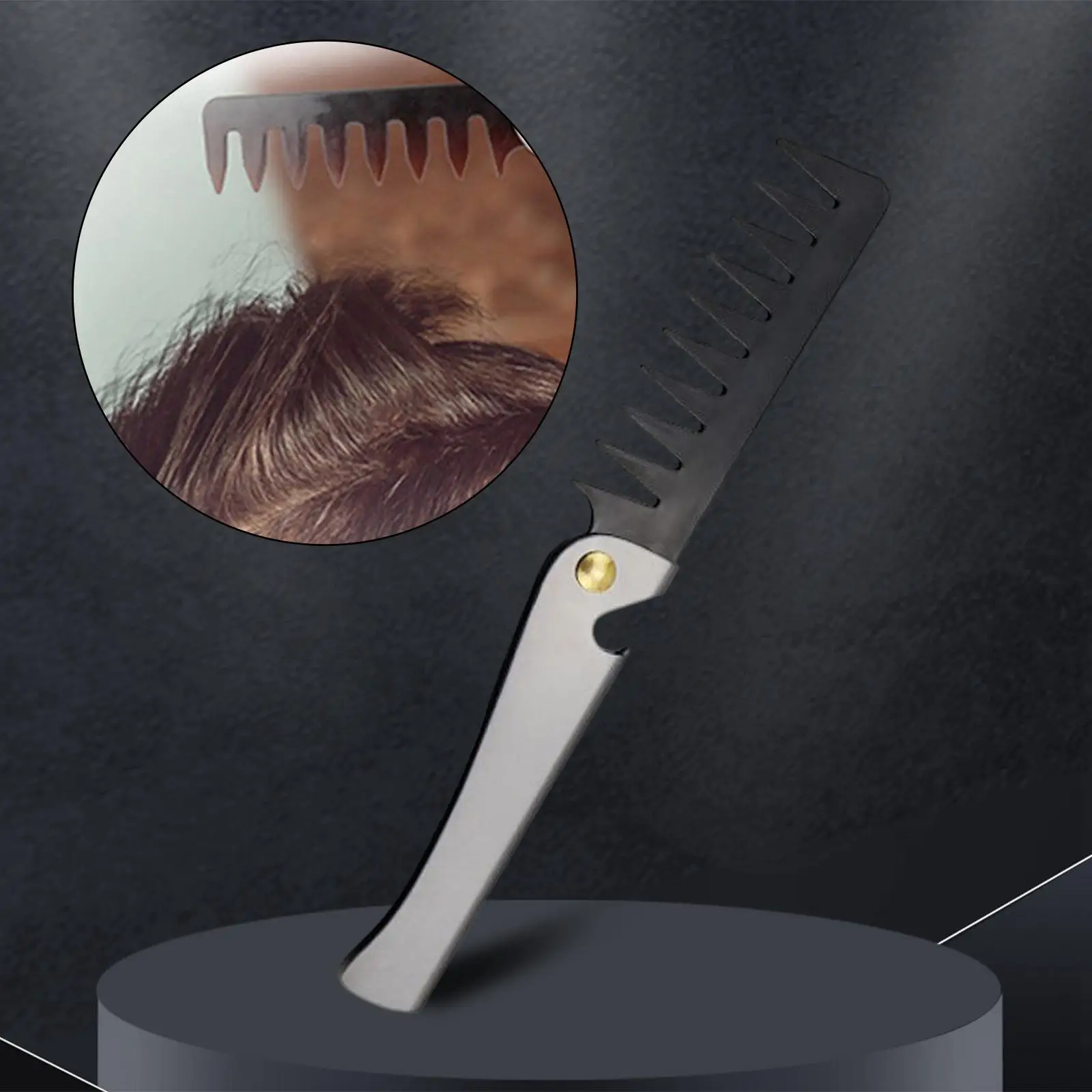 مشط برأس زيت قابل للطي عتيق ، مقبض من الفولاذ المقاوم للصدأ ، استخدم جافة أو مع بلسم