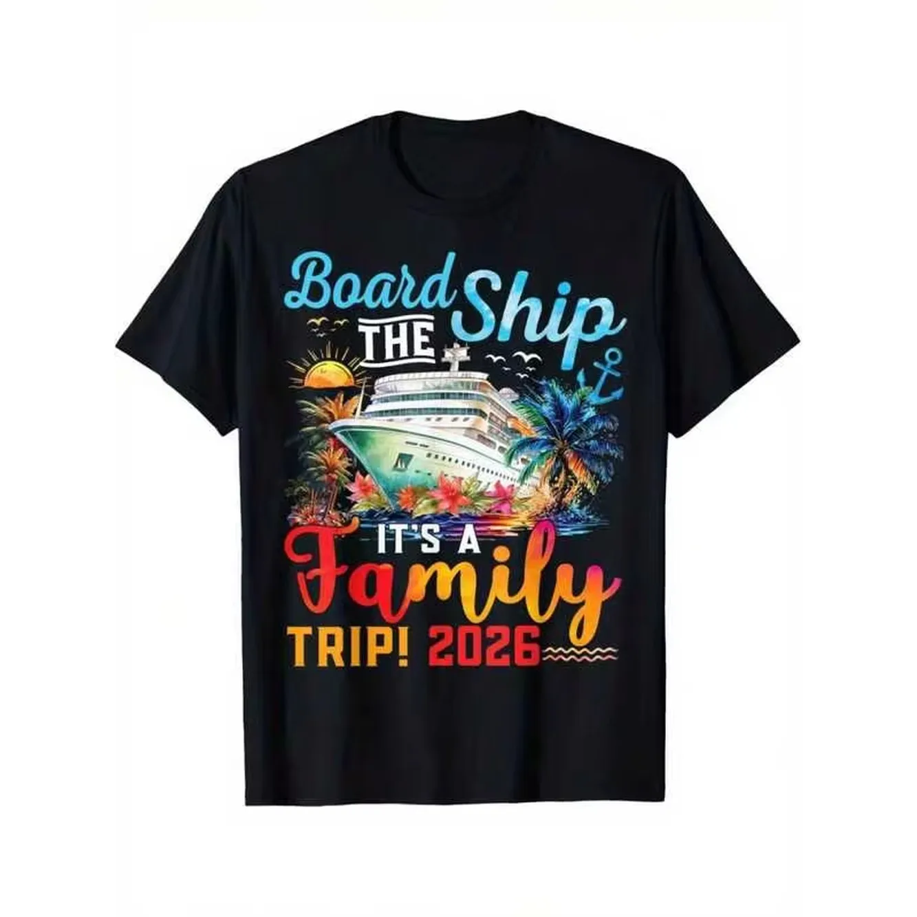 Board This Ship Family Trip 2026 Group Matching Cruise T-Shirts Casual Crew Neck Regular Fit Suitable For All Seasons Short Sleeves Geometric Patterns