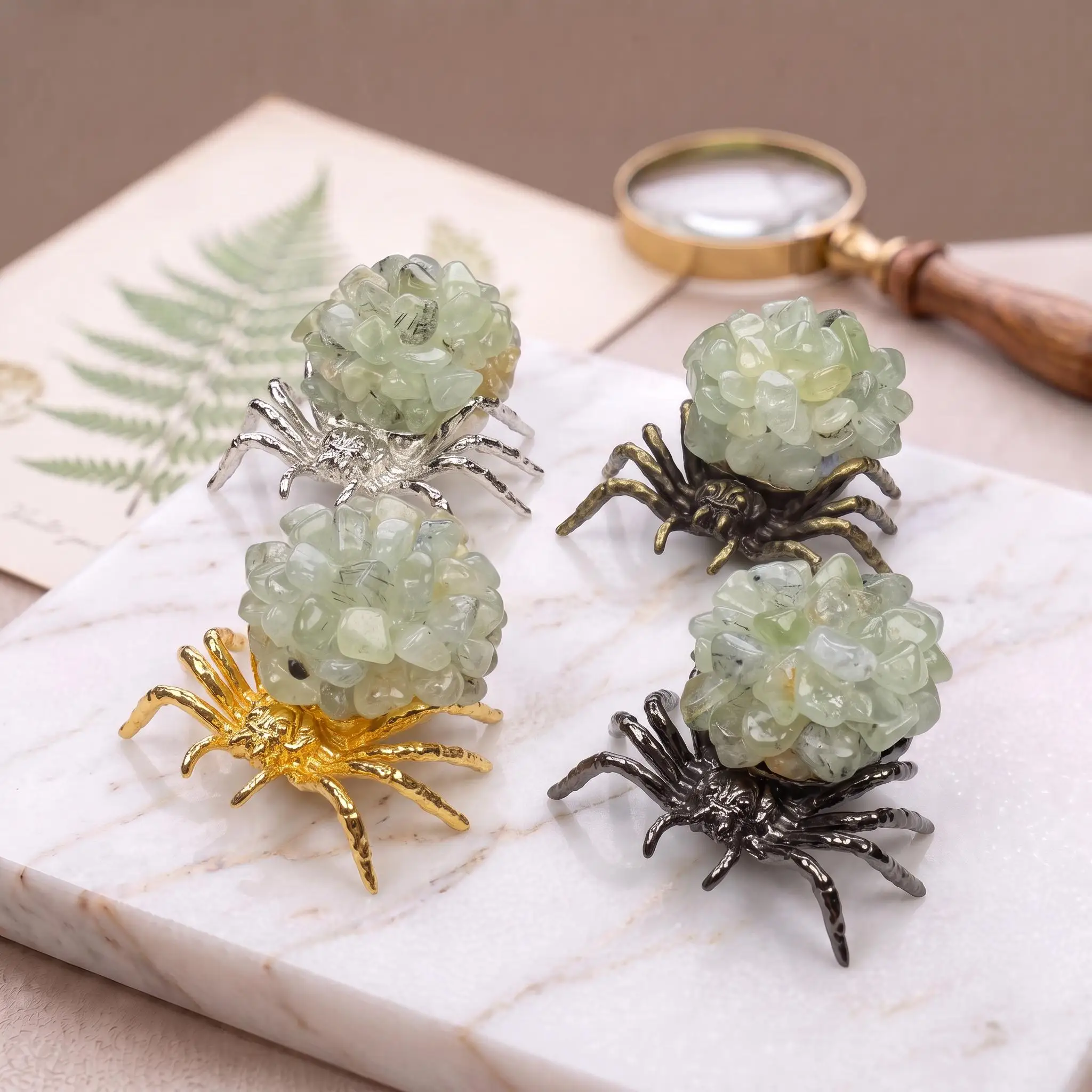 Natural Prehnite Spider Figurine | Handmade Crystal Chip Spider | 4 Metal Finishes
