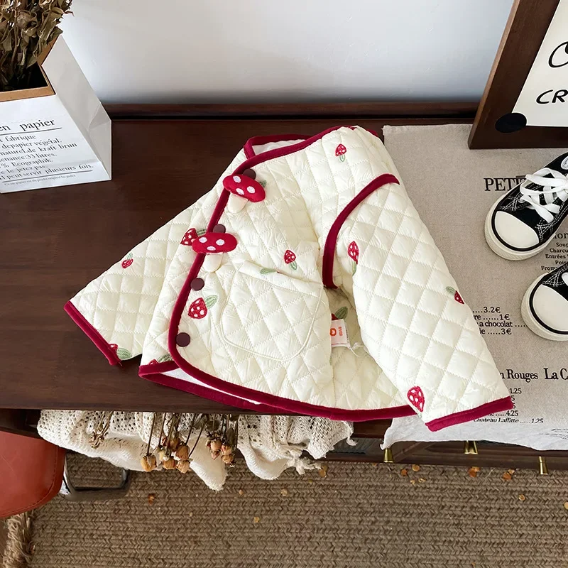 

Однобортная мягкая флисовая куртка с круглым вырезом и длинными рукавами, детская теплая верхняя одежда с контрастной подкладкой для маленьких девочек, хлопковое пальто с вышивкой