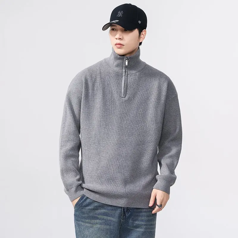 Otoño Invierno cuello alto Vintage suéter hombres cuello alto cremallera suelta Casual moda Jersey suéter de punto hombre Jumper Tops