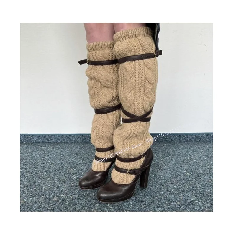 Brown Patchwork Buckle Knee High Boots Warm Chunky Heel Fashion Sexy Cool Summer Casual Big Size Woman Shoes Zapatillas Mujer