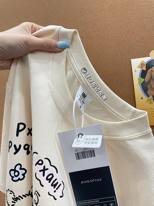 تي شيرت نسائي من القطن الخالص ort Sve فضفاض مناسب للصيف ماركة Faion مطبوع عليه رسوم كرتونية بلوزة متوسطة الطول