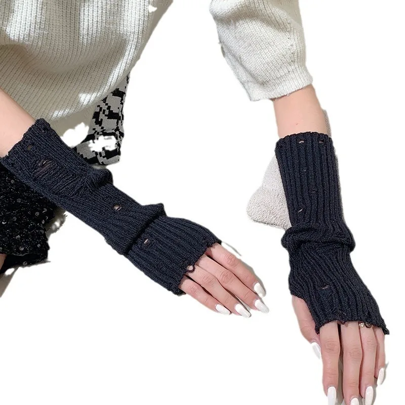 New Autumn and Winter Perforated Knitted Yarn Gloves JK Girls' Five Finger Exposed Warm Gloves