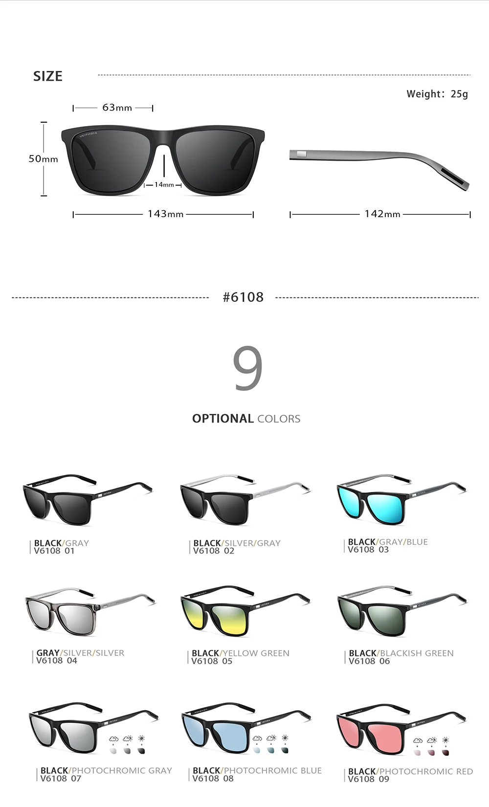VEITHDIA Markensonnenbrille Unisex Retro Aluminium+TR90 Sonnenbrille Polarisierte Gläser Vintage Brillen Sonnenbrille für Männer/Frauen 6108 – Detail 5