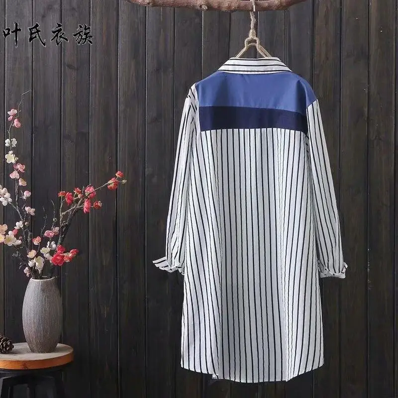 Women Long Shirts Blouse Vintage Stripe Cotton Shirts Female Clothes Pullovers Sweatshirts Oversized Long Sleeve Ladies Tops