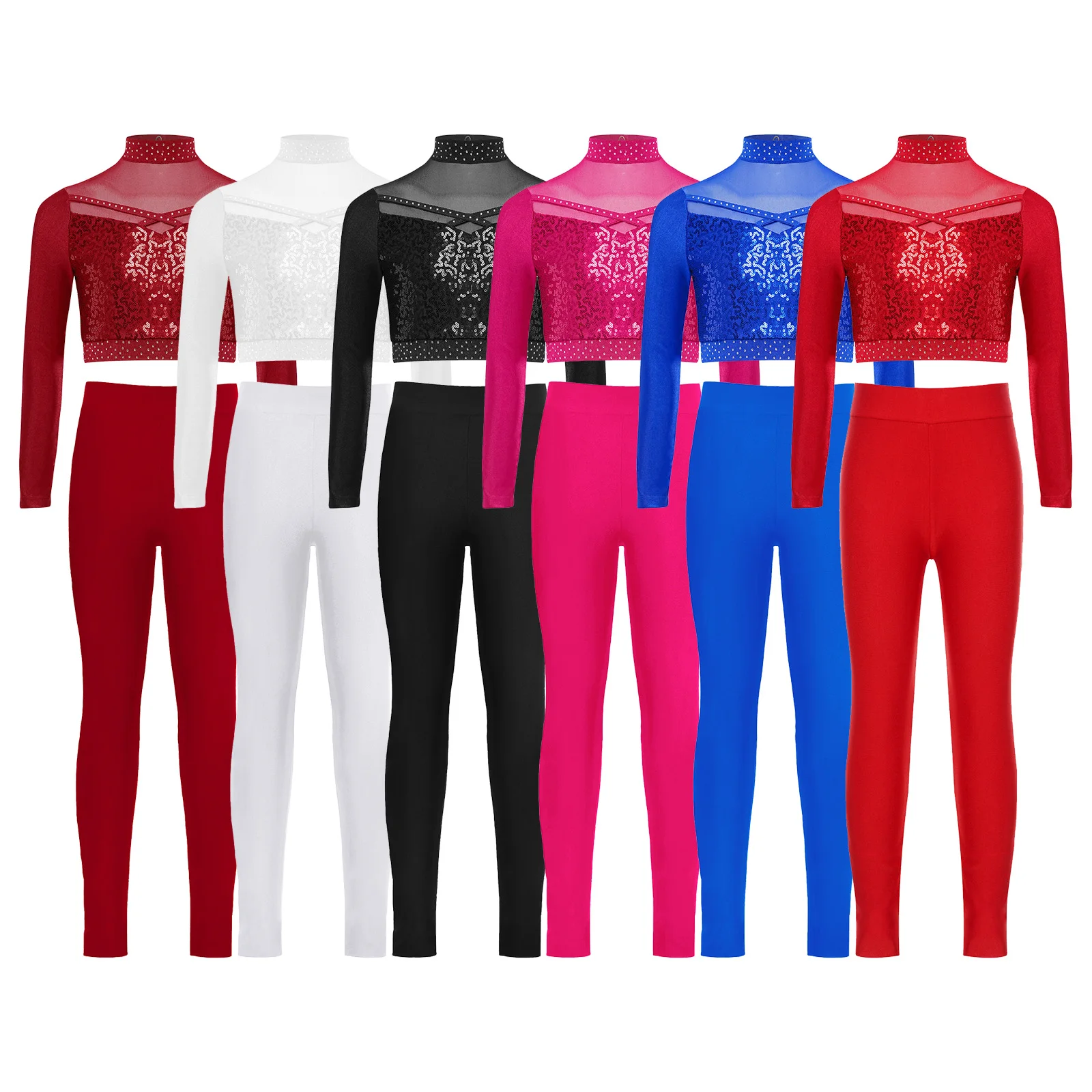 Kids Girls Figure Skating Gymnastics Ballet Dance Acrobatics Yoga Outfit Shiny Sequins Mesh Crop Top with Leggings Dancewear