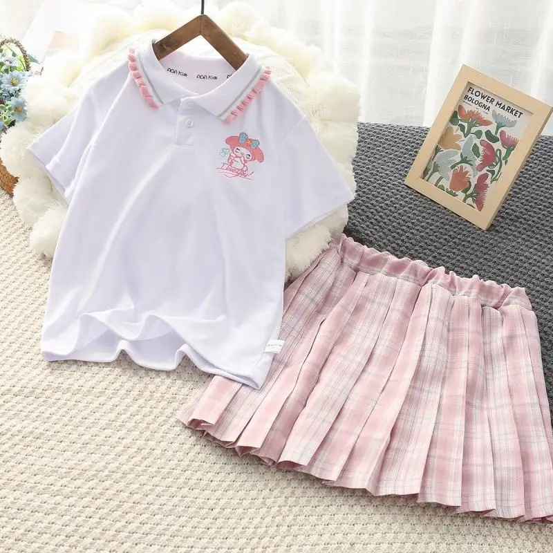 JK Preppy estilo algodão t-shirt conjunto das meninas, manga curta, saia plissada, minha melodia Cinnamoroll Kuromi, Sanrios, moda, 2 pcs