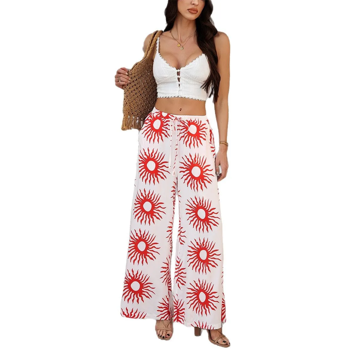2025 Women's Clothing Summer Bohemian Resort Style Printed Peplum Casual Pants