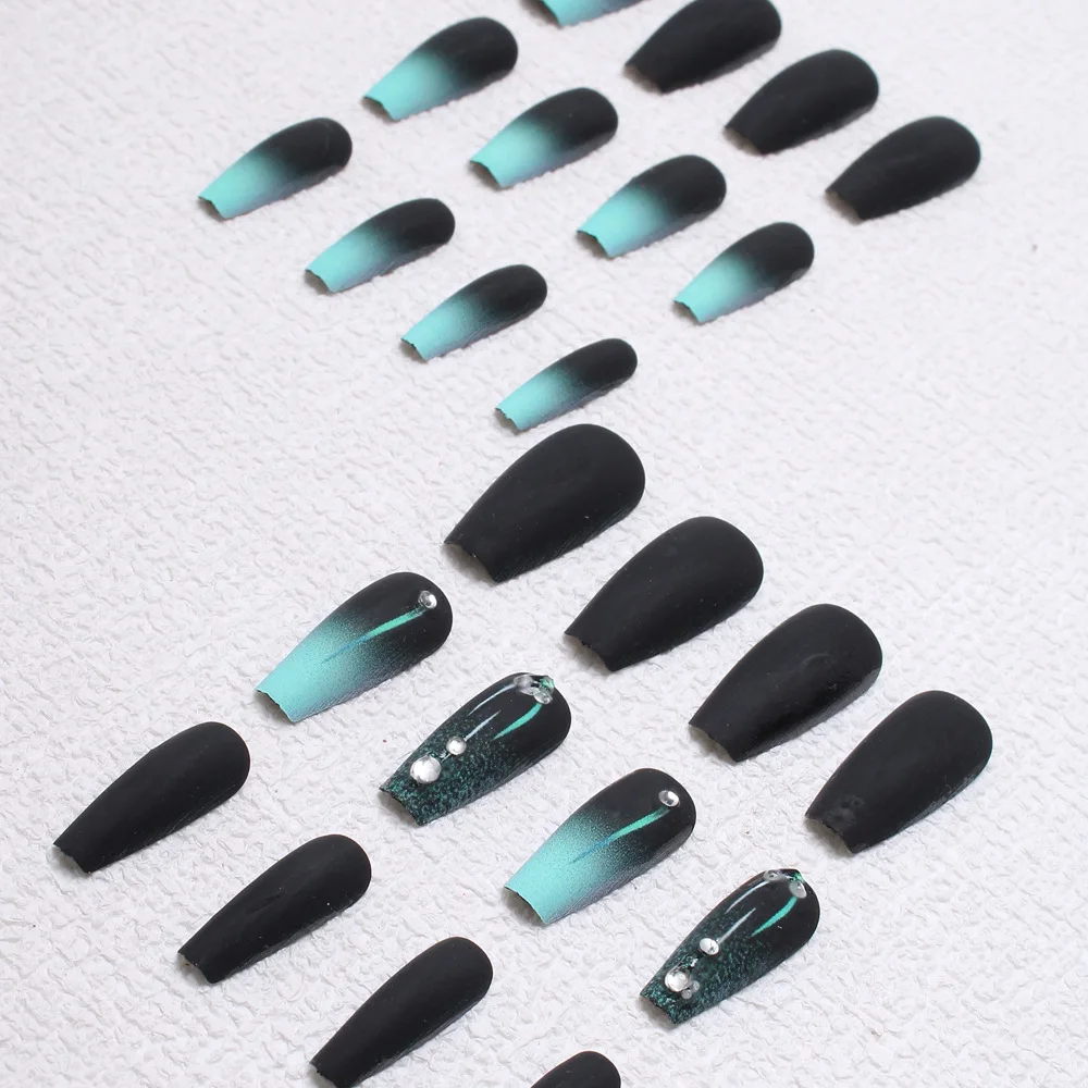 24 Pcs Fashion Long Press on Nails Simple Nail Tips Black Green Gradient Self-adhesive False Adhesive Nails Artificial Nails Set