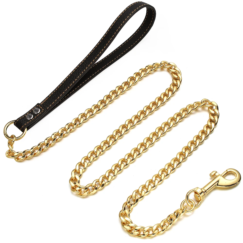 11mm Wide Gold Tone Stainless Steel Curb Cuban Link NK Chain Leash with Leather Handle For Small Medium Large Dogs 3FT 4FT 5FT