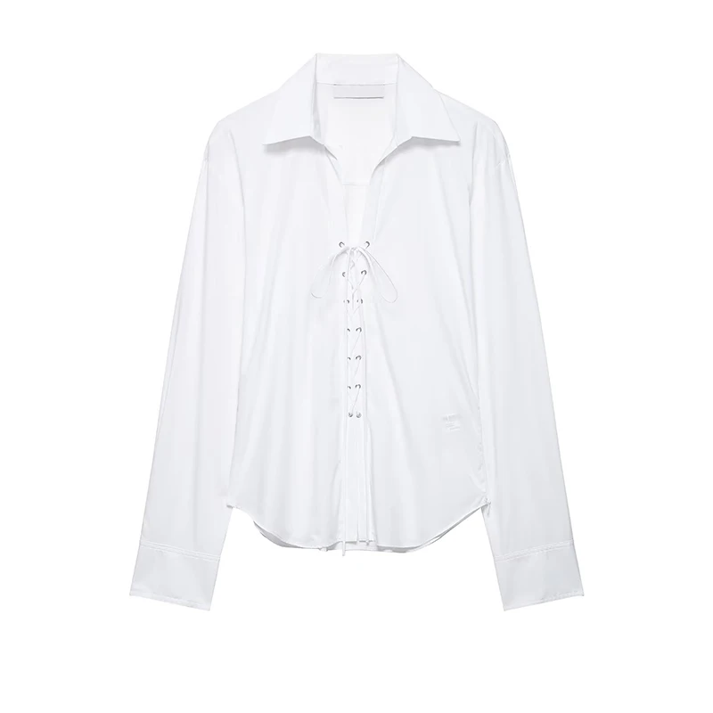 

YENKYE 2026 New Women Long Sleeve Lace Up Front Fitted White Shirt