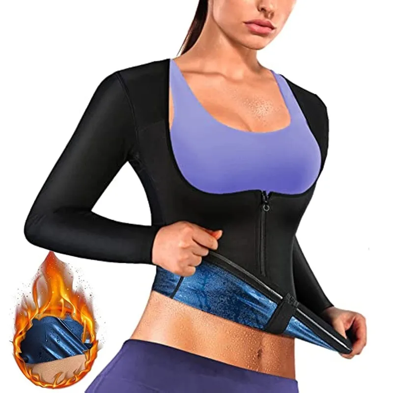 Qtree Sauna Suit Shirt for Women Weight Loss Sweat Jacket Long Sleeve Slimming Body Shaper Fitness Zipper Workout Waist Trainer