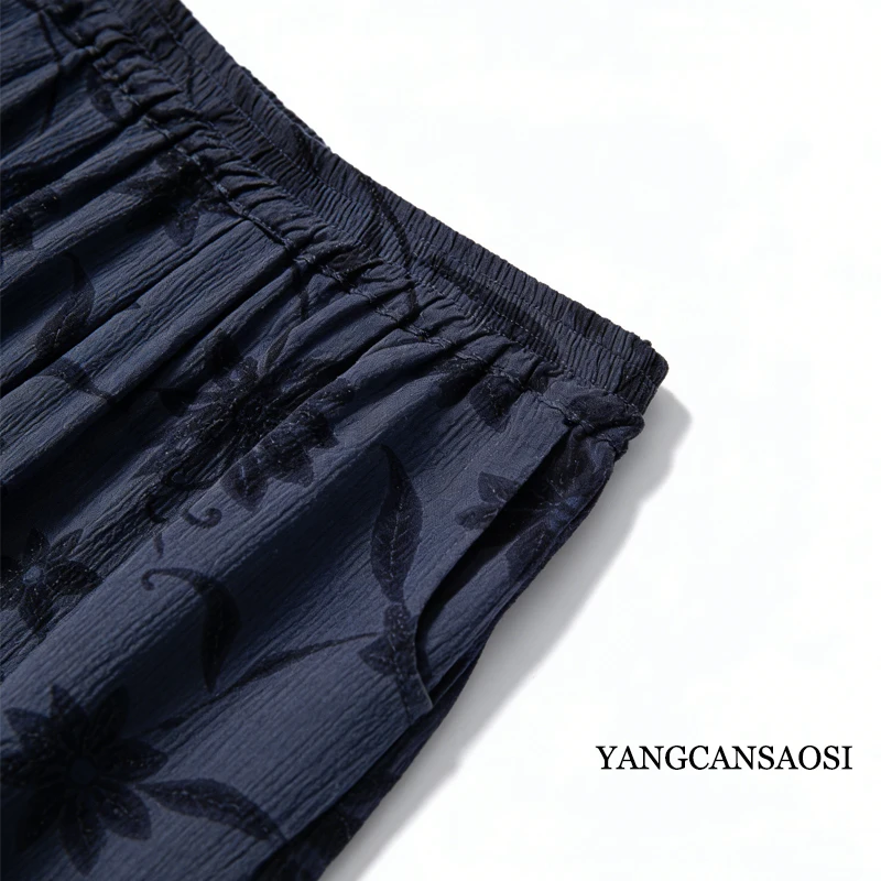 2026 Women's Spring New 100% Natural Mulberry Silk Bark Crepe Elastic Waist Double Pocket Loose Printed Casual Wide Leg Pants